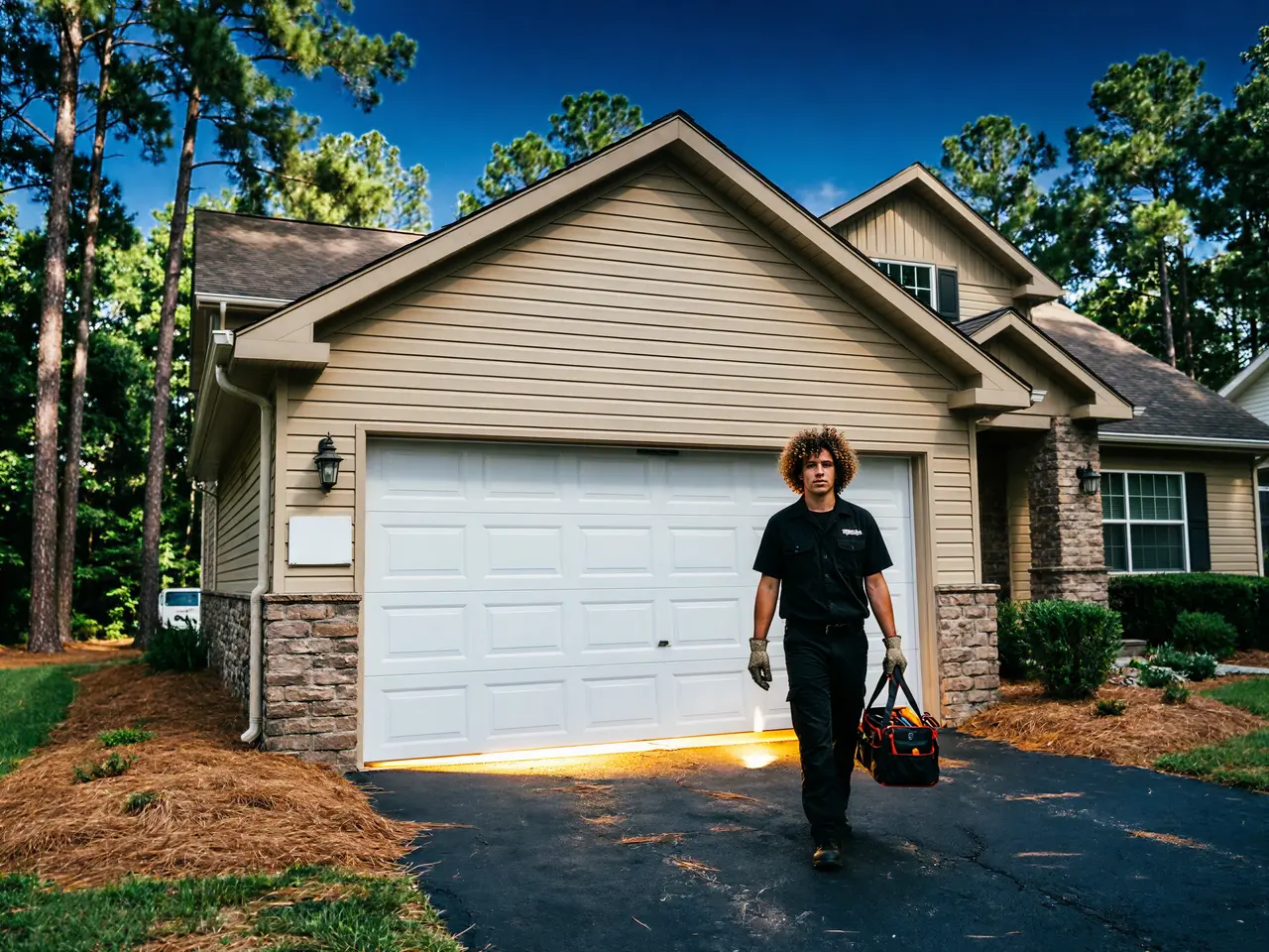 A technician walks toward the camera with a tool bag in front of a house.