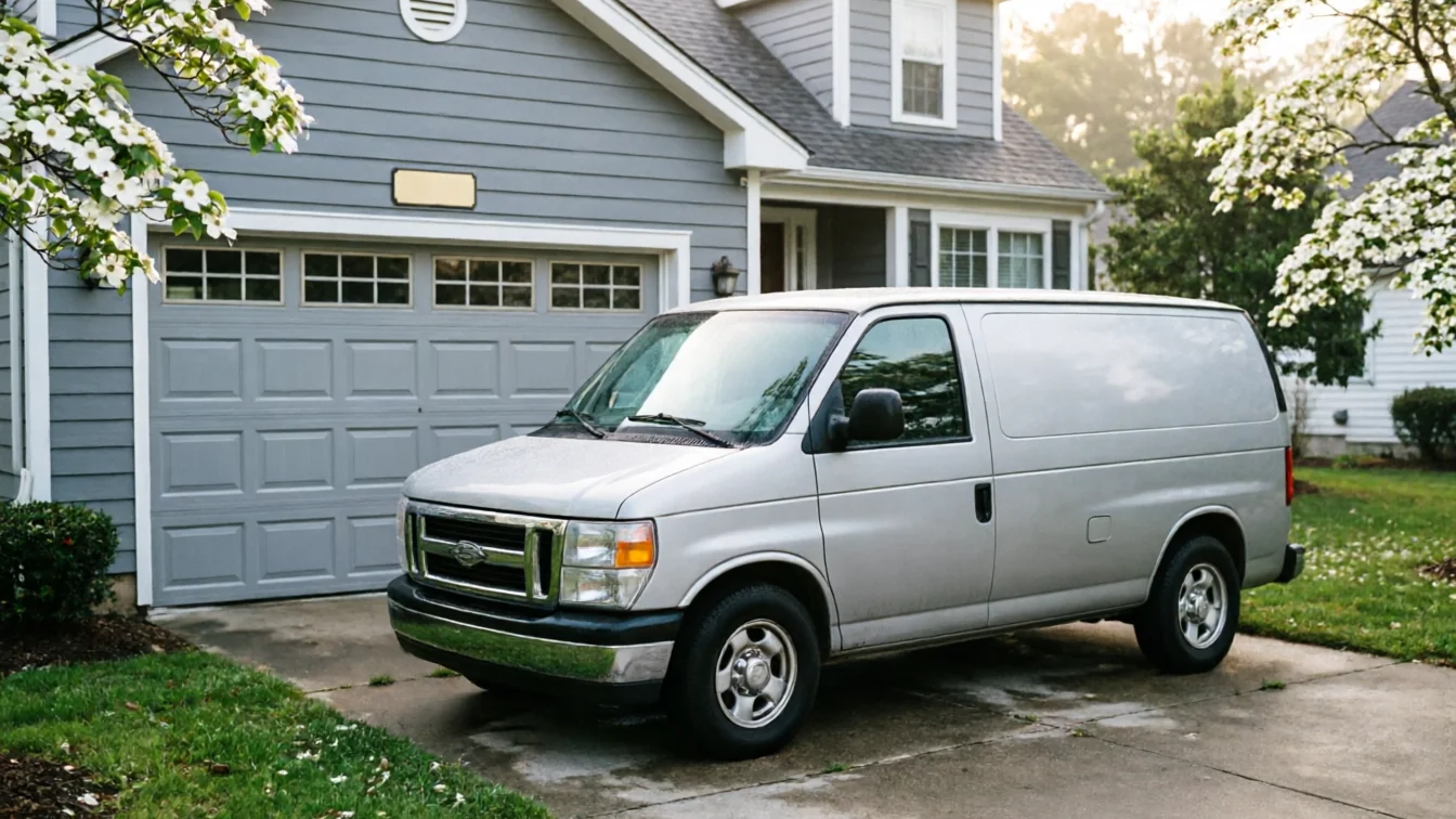 A silver van is parked in a driveway in front of a gray garage door.